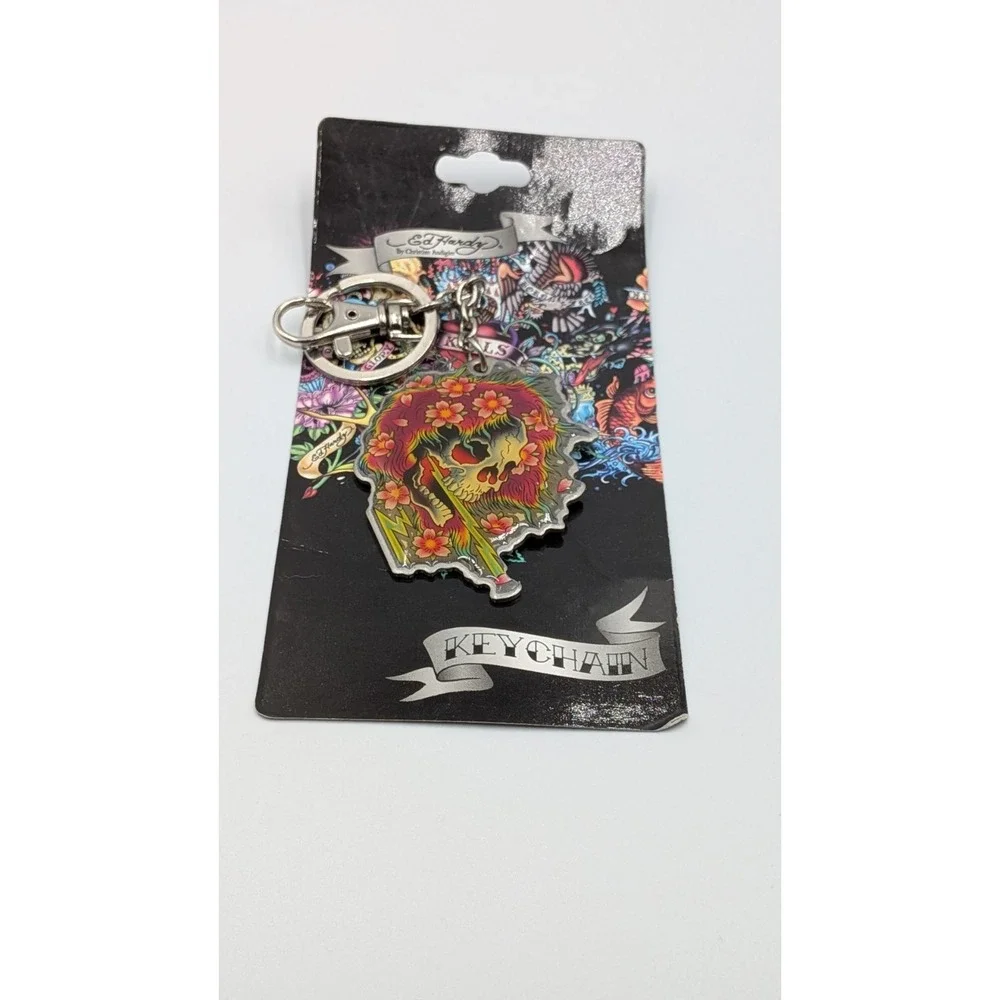 ed hardy by christian audigier Ghost Keychain New Skull Flower Design Y2k Vtg